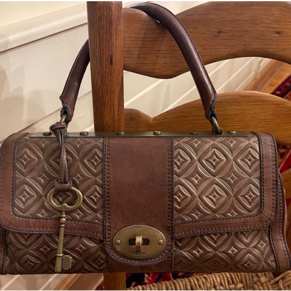 Fossil Vintage Revival Top Handle Embossed Leather Brown Handbag Purse